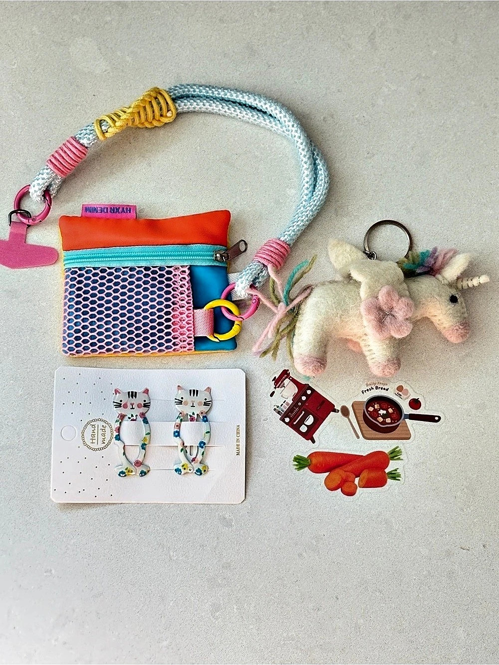 Cute Handmade Gift Box Set, Felt Unicorn Keychain, Coin Purse, Hair Clips & Stic